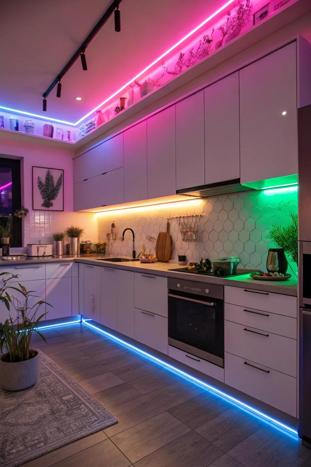 Artistic radiance tubes institute a bold statement within the kitchen.