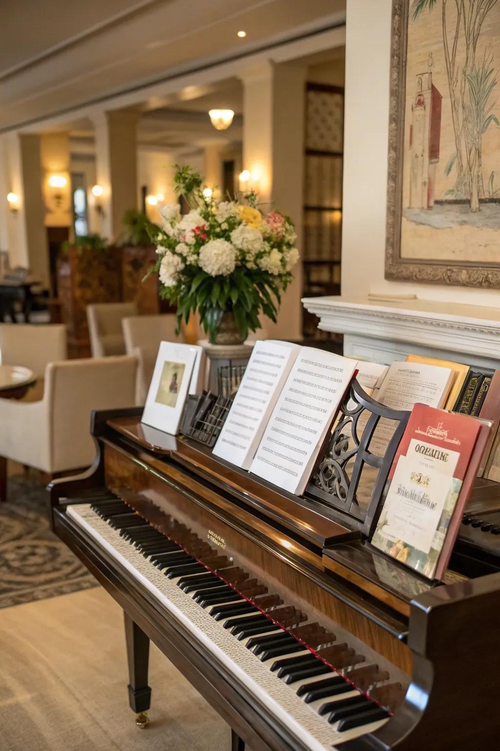 An exquisite setting featuring an upright piano alongside organized books and sheet music.