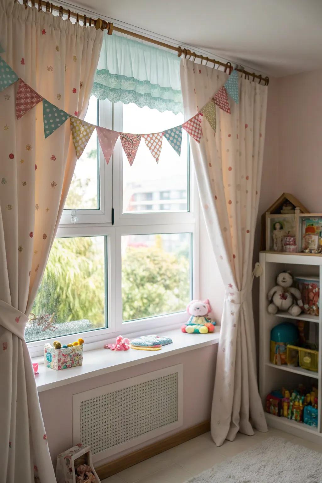 A window displaying a wavy-shaped topper in a playful child's room.