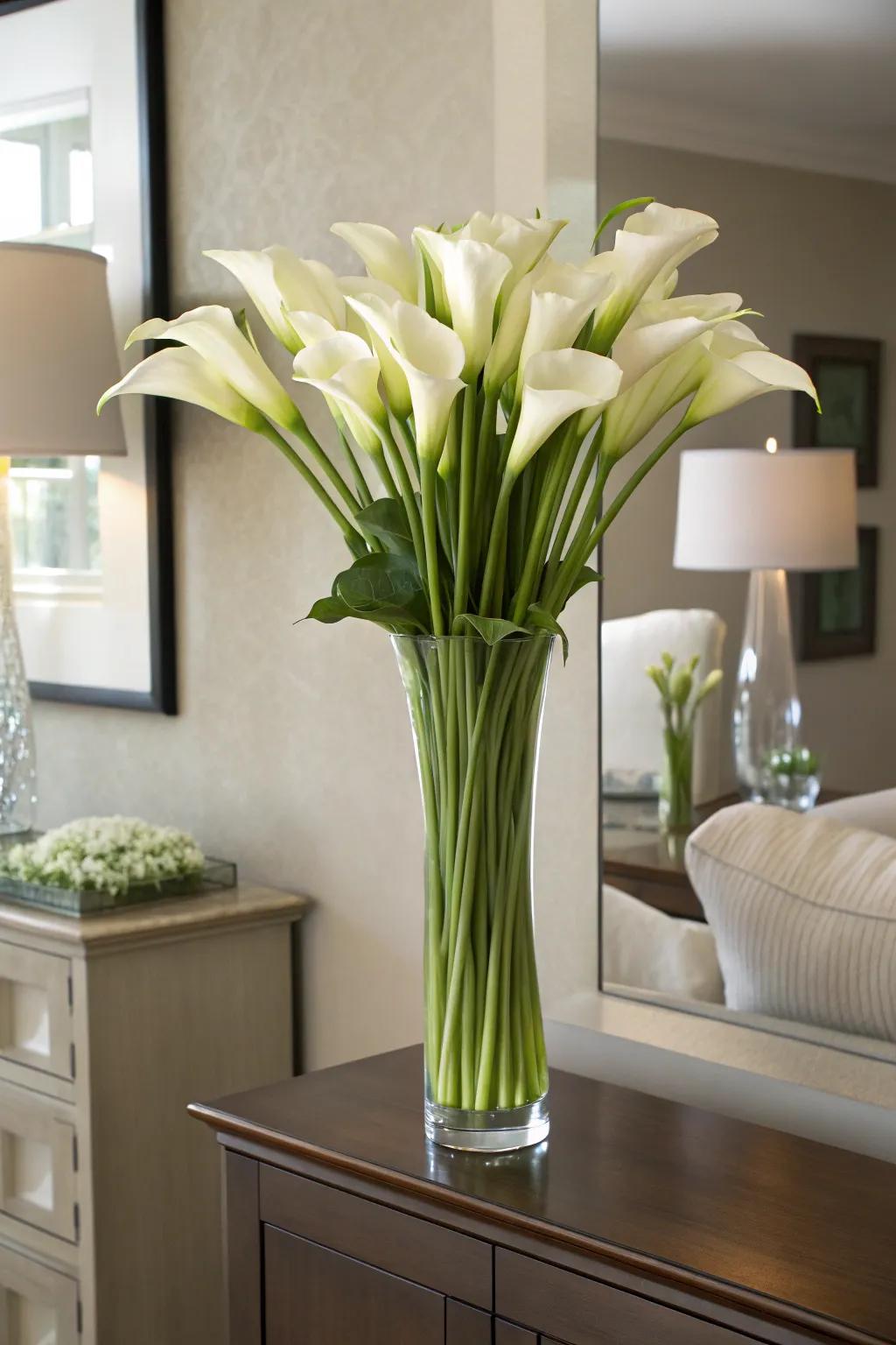 Sophisticated calla bouquet incorporating refinement to a dining space.