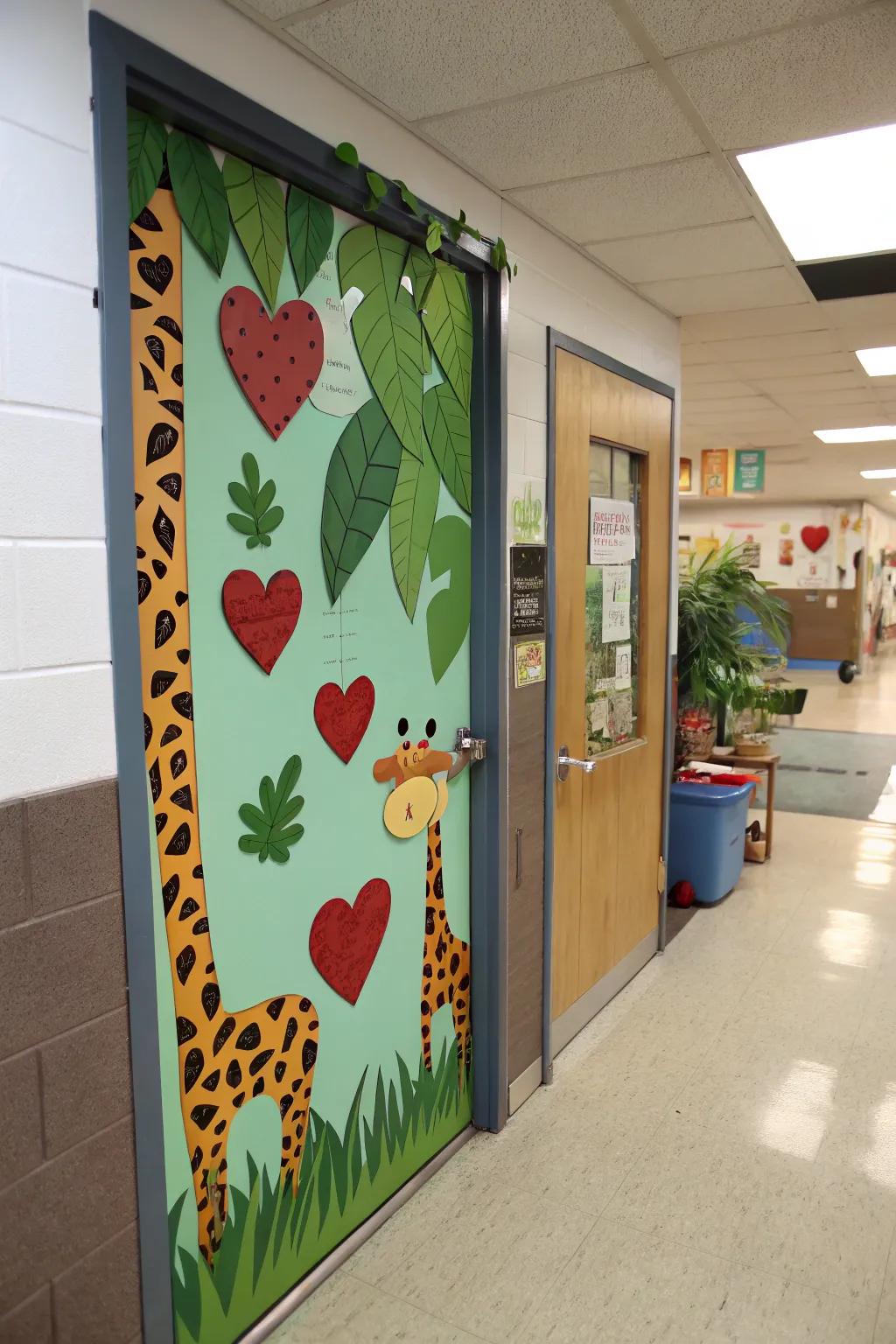 A jungle-themed classroom door with animal prints and heart-shaped leaves.