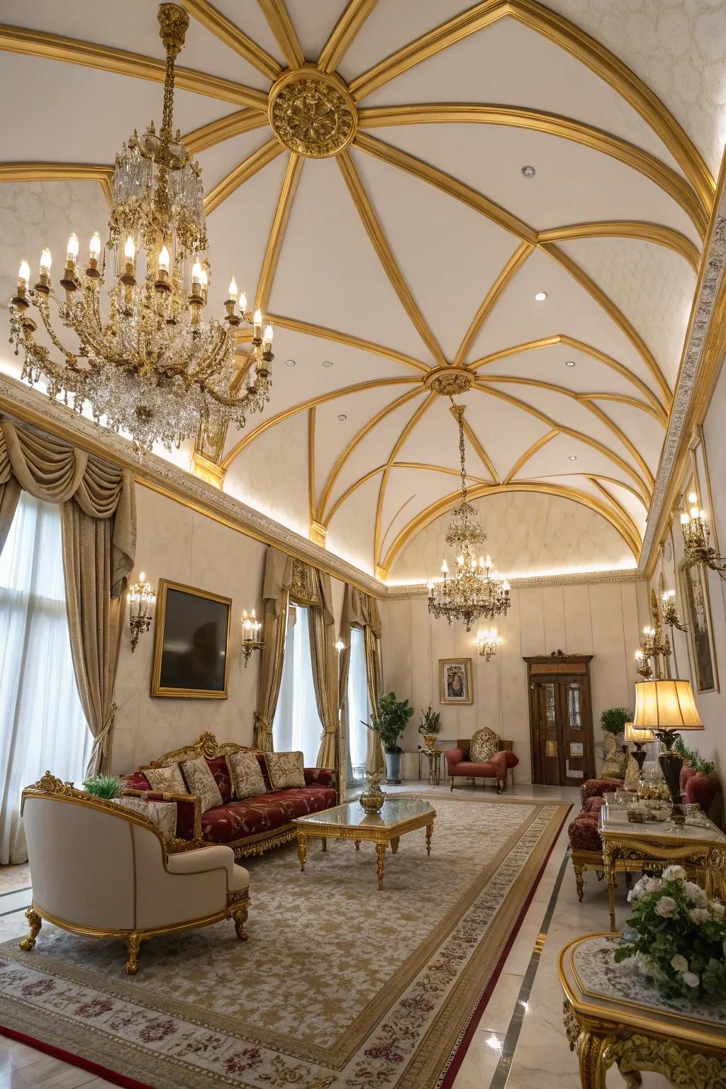 Glamorous gilded beams adding sophistication to a vaulted ceiling.