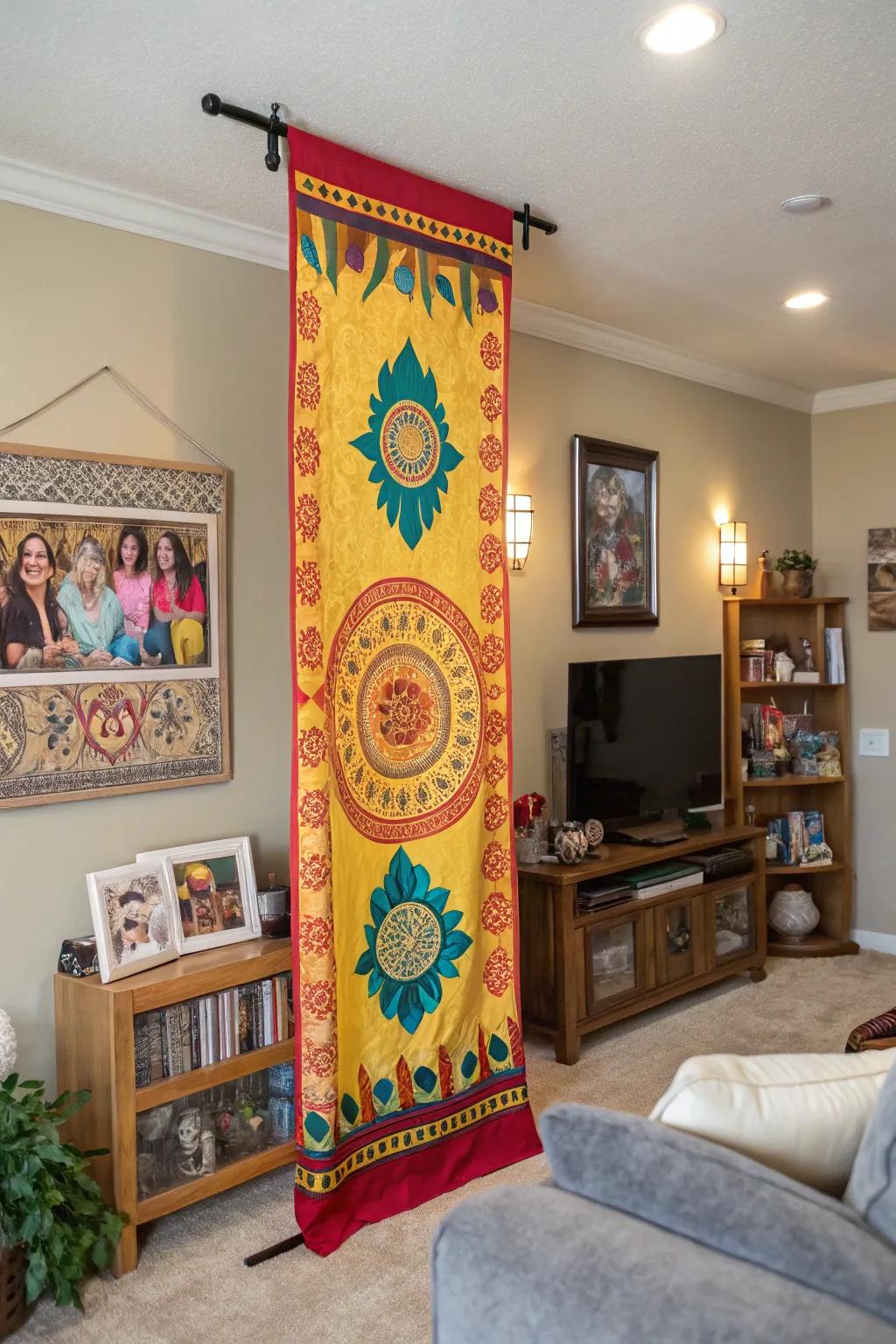 Cultural patterns on a vertical display add depth and character to a family room.