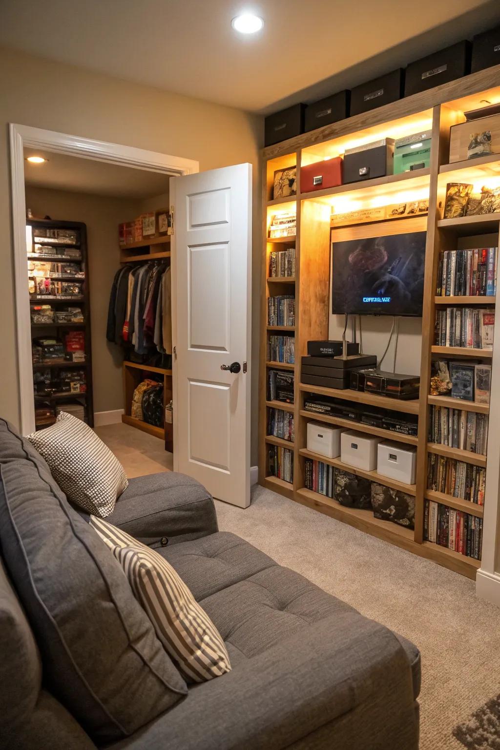 A hidden gaming retreat fashioned out of a small closet area.