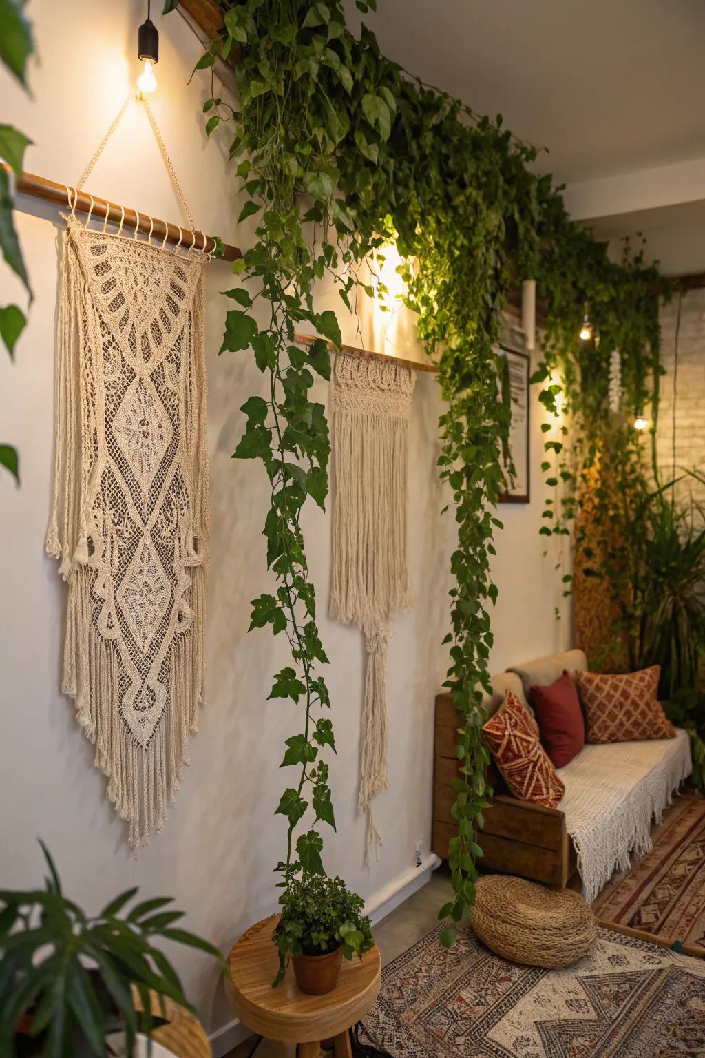 Impart dimension with vines and textured components like macrame.