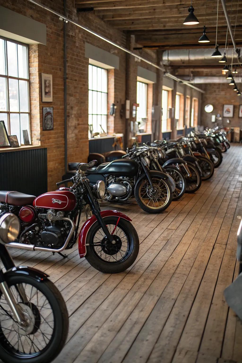 Classic motorcycles and bicycles contribute a hint of adventure.