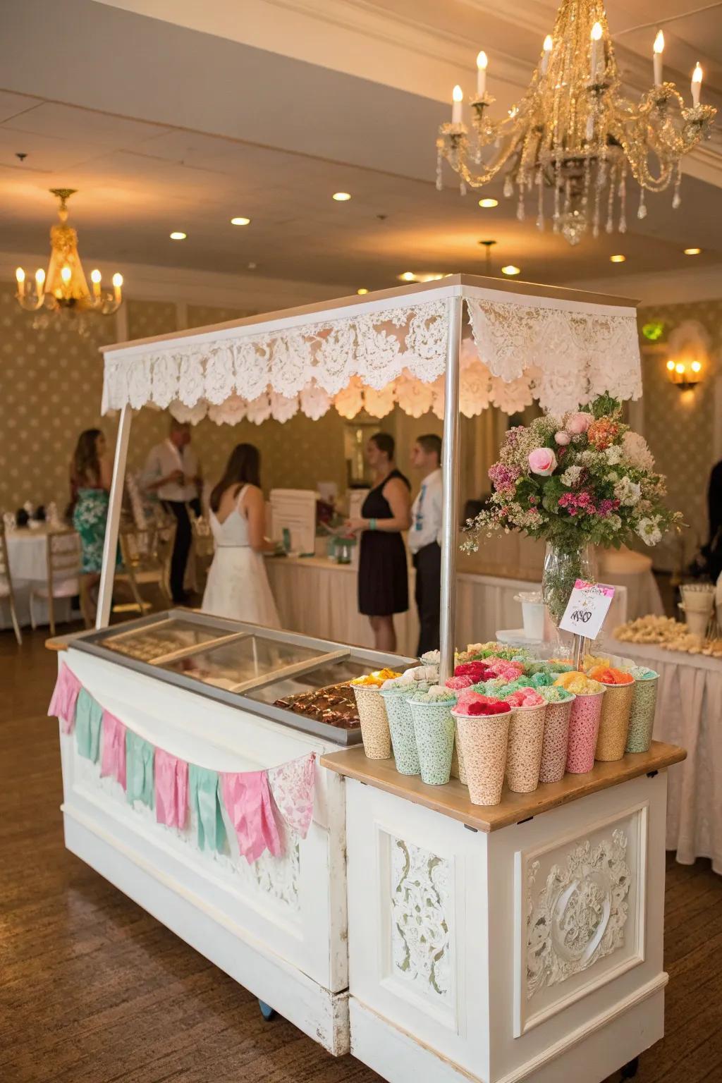 A charming vintage frozen treat stand featured at a wedding reception.
