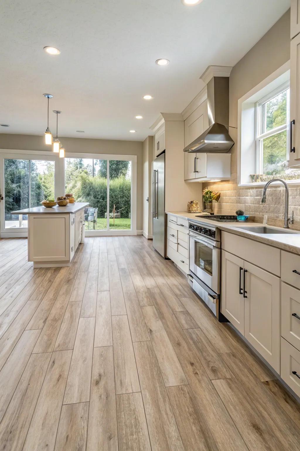 Brighten your cooking area using timber-look synthetic ground covering.