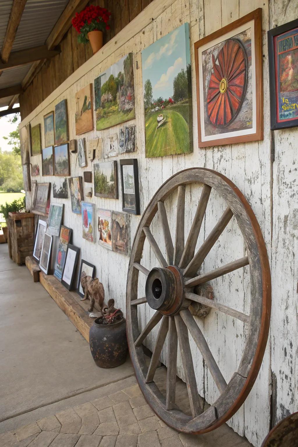 An artistic exhibit discovers an ideal backdrop in a rural cartwheel.