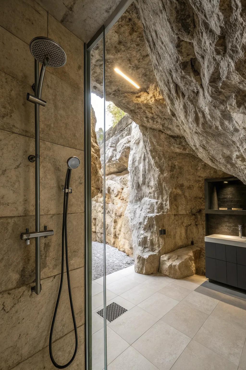 Cave shower with contemporary fixtures and rock partitions.