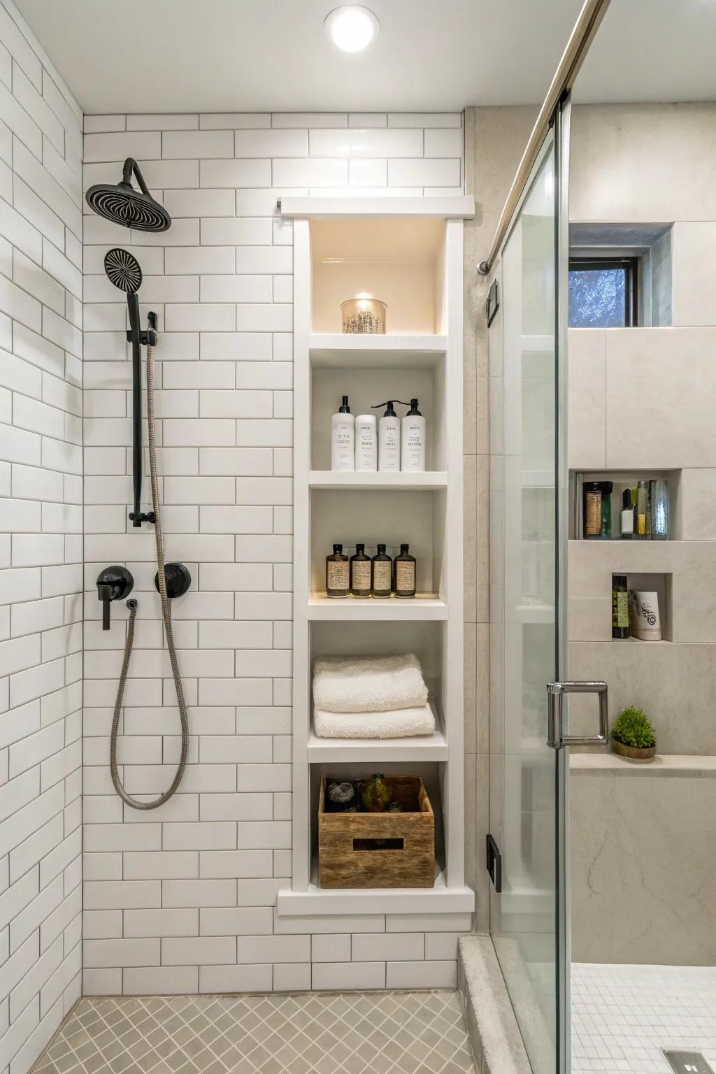 Organized storage with recessed niches.