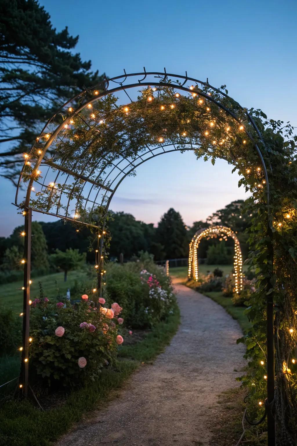 Twinkling lights impart an enchanting touch to arches, suited for evening garden strolls.