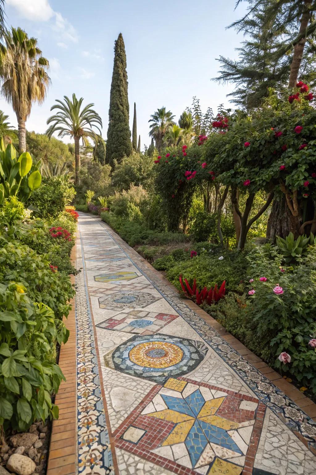 Tile designs contribute artistic panache and vividness to your garden route.