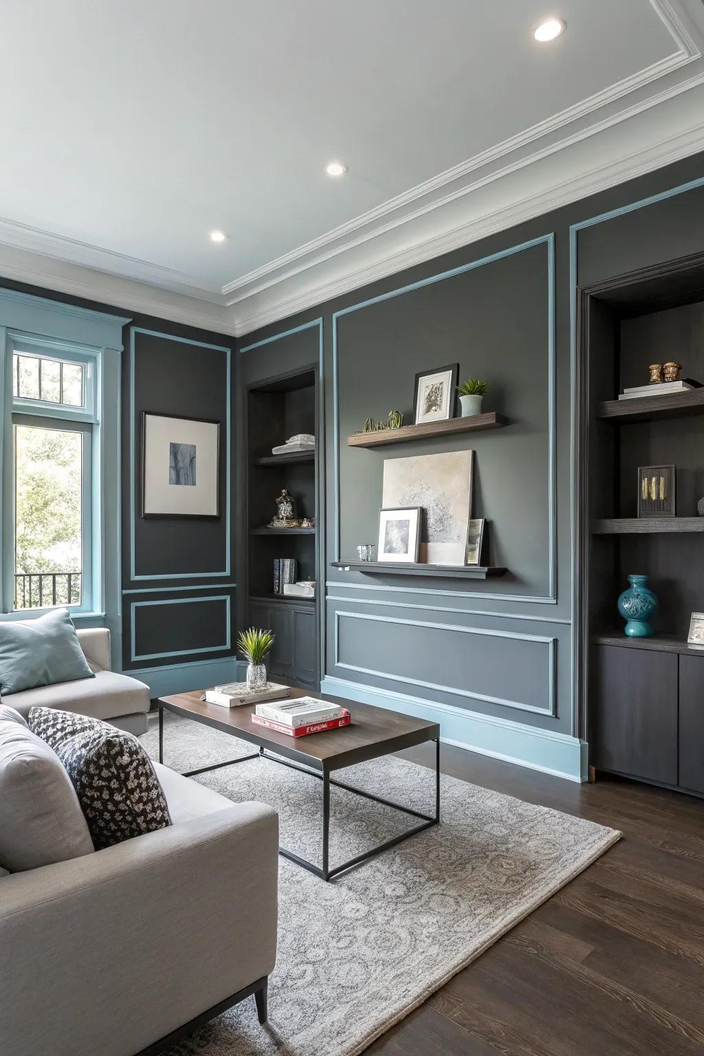 Edgy and contemporary with coal walls and pale sky trim.