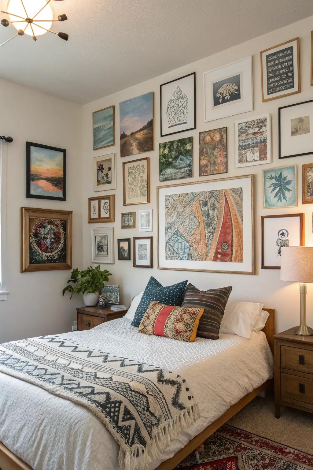 Varied media art brings a different and bright touch to your bedroom.