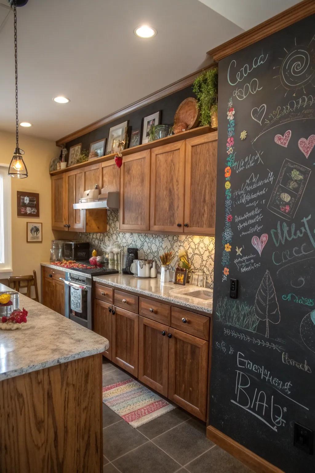 Chalkboard walls introduce a fun, practical element for creativity.