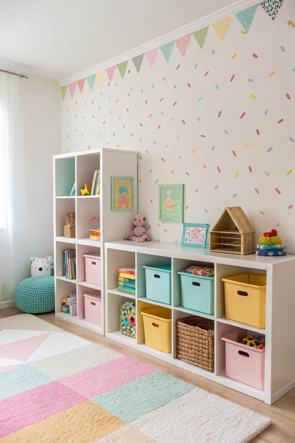 Sustain order within children's quarters through playful wall cubes.