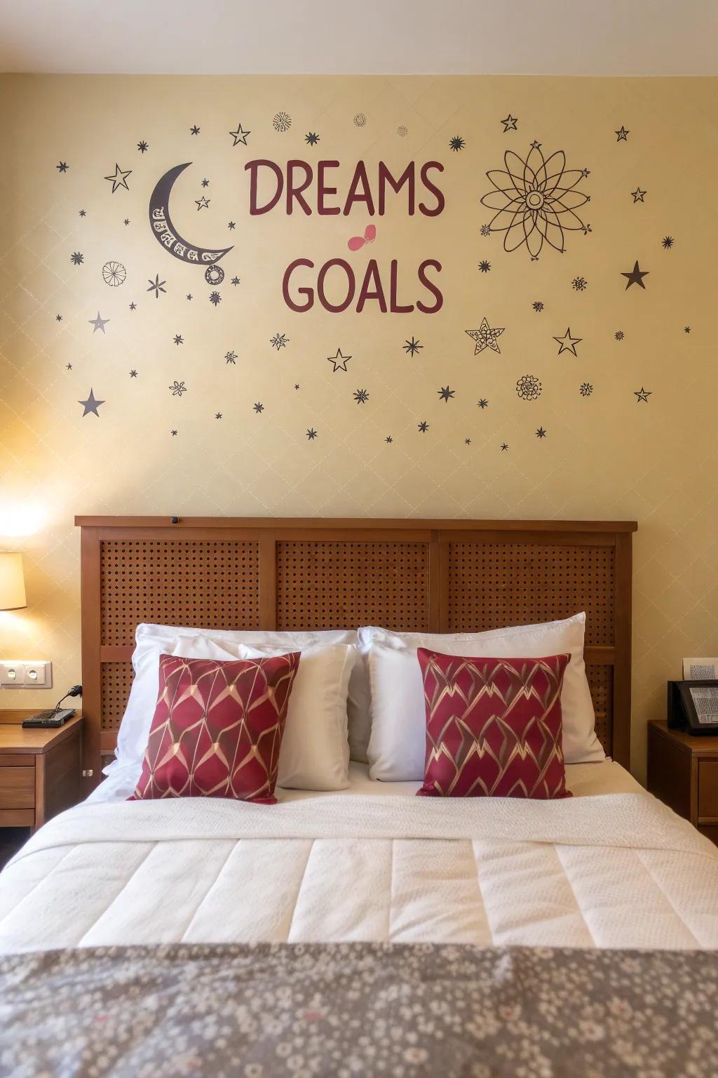 Motivational appliqués inspire sanguinity within this snug bedroom.