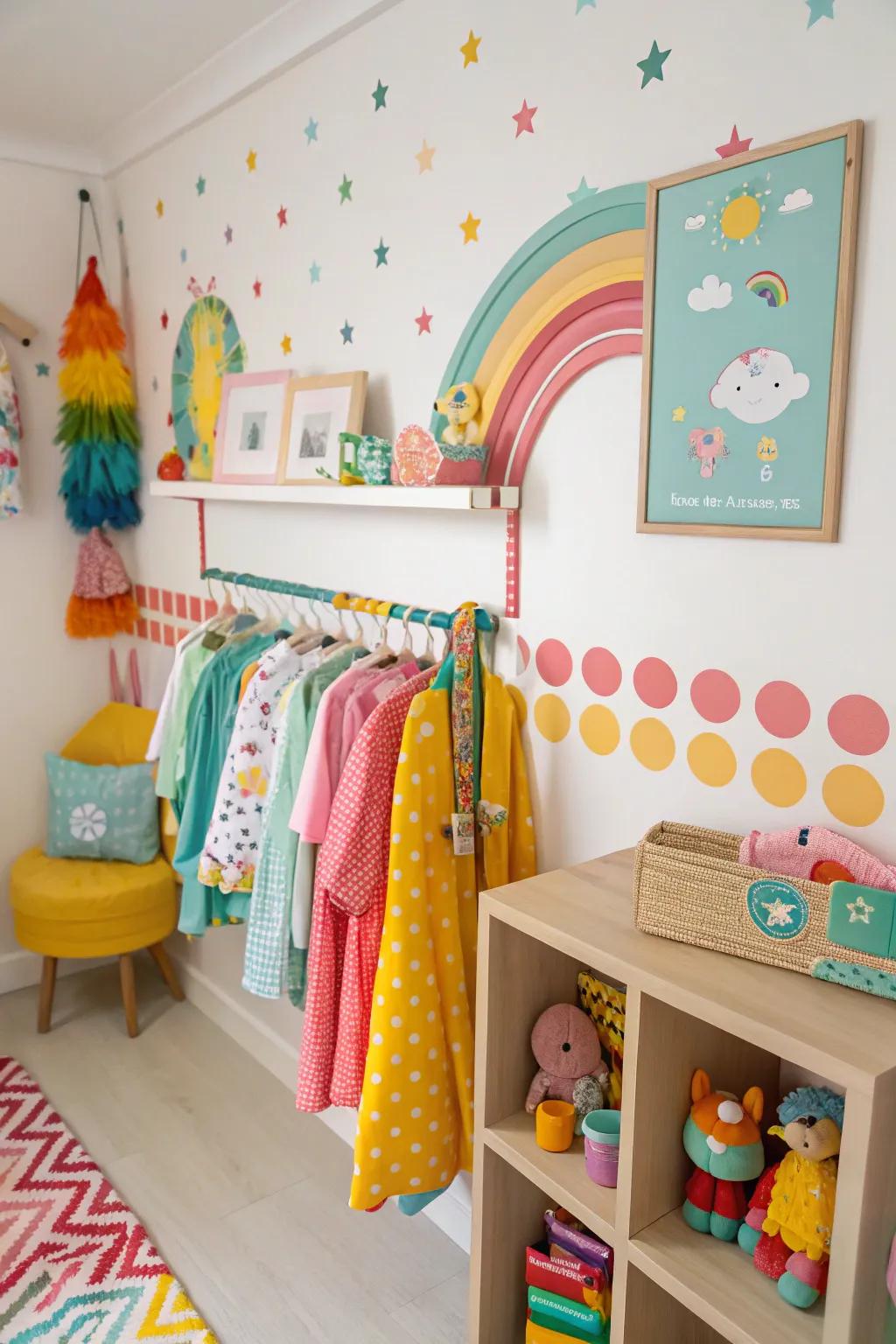 A children's room adorned with a colorful wall-mounted clothing rack.