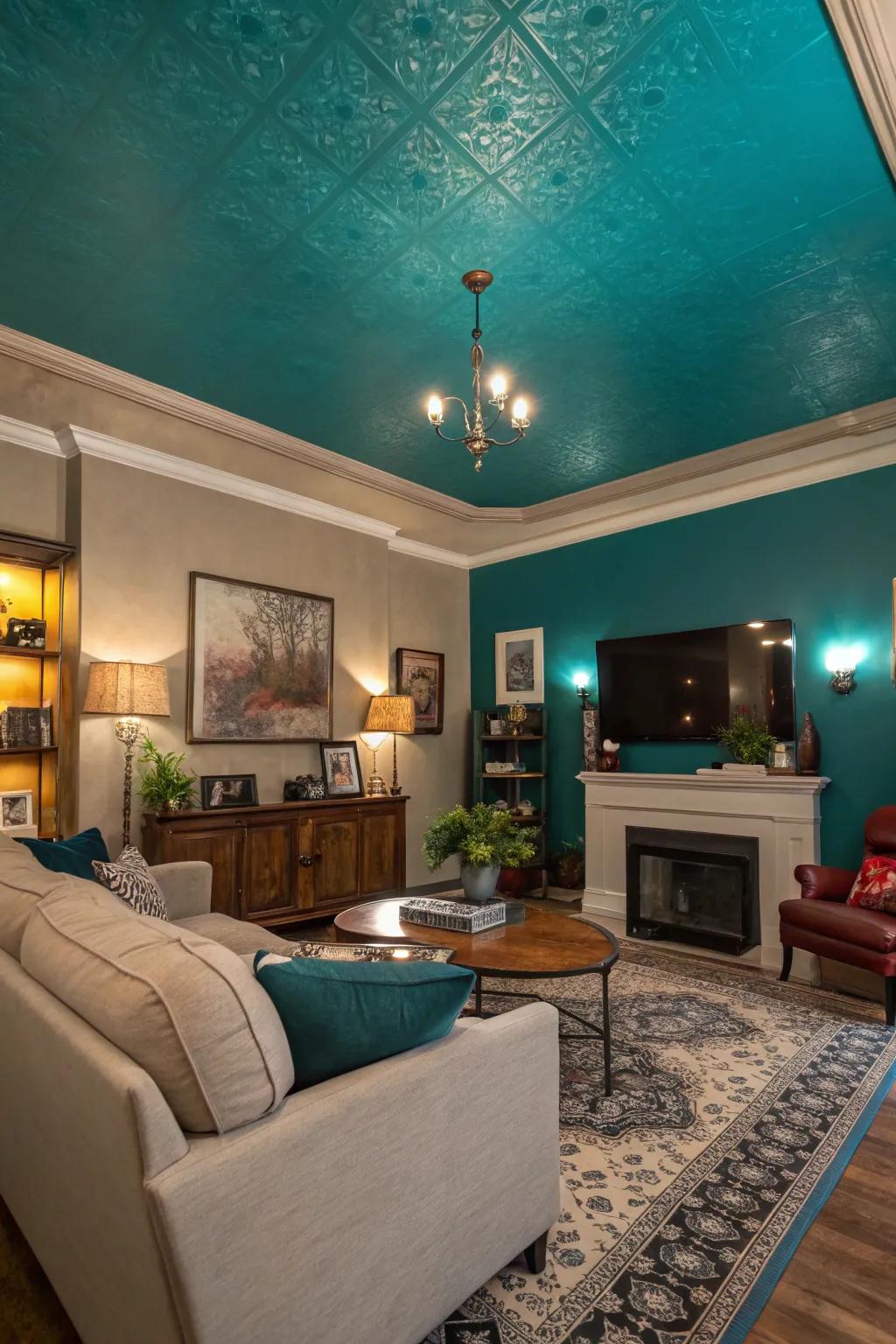 A dramatic teal ceiling featured in a current living room.