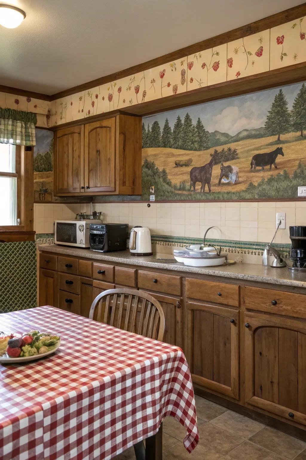 A kitchen exuding countryside charm with a farm scene wallpaper edging.