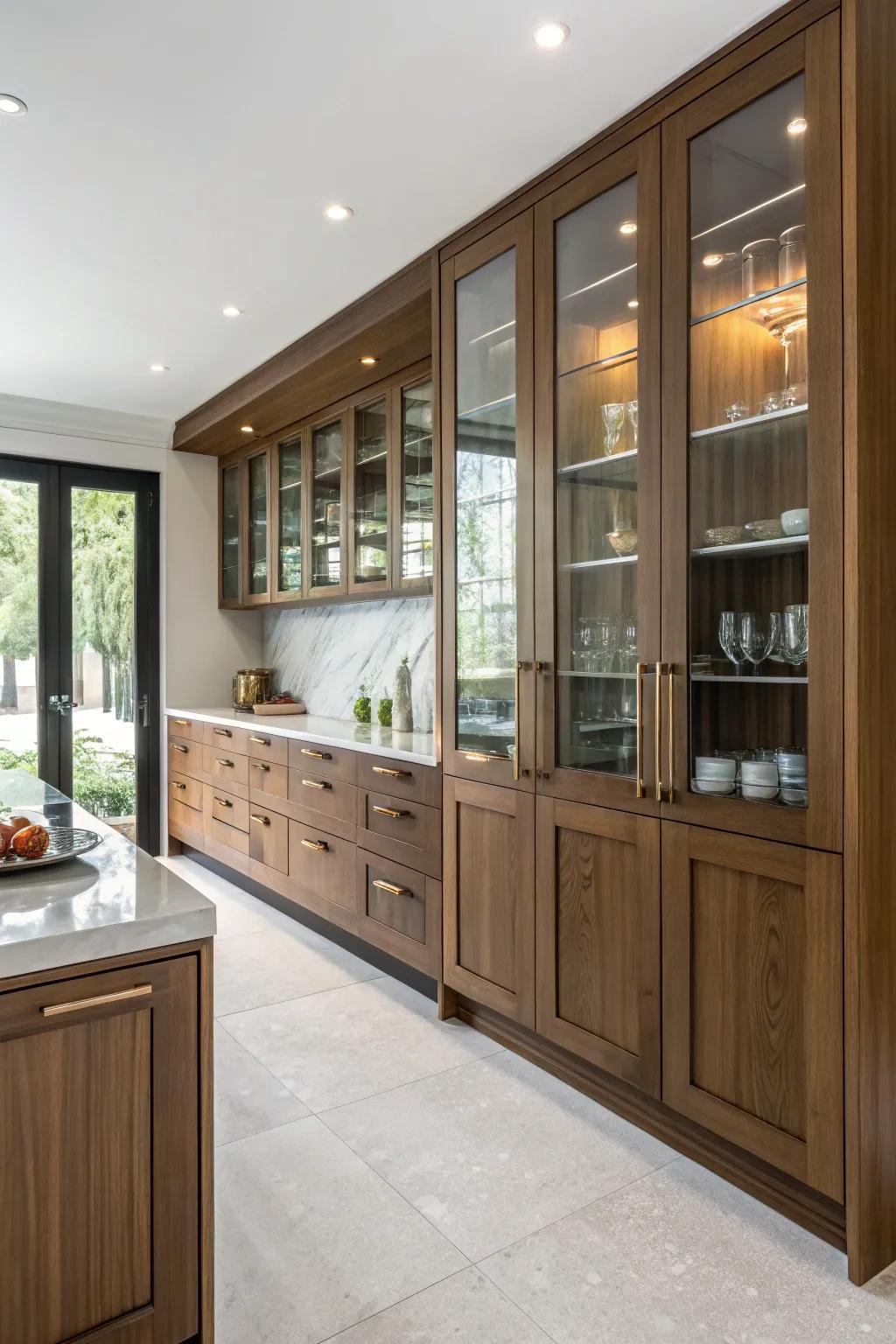 Mixing materials adds interest to hickory cabinetry.