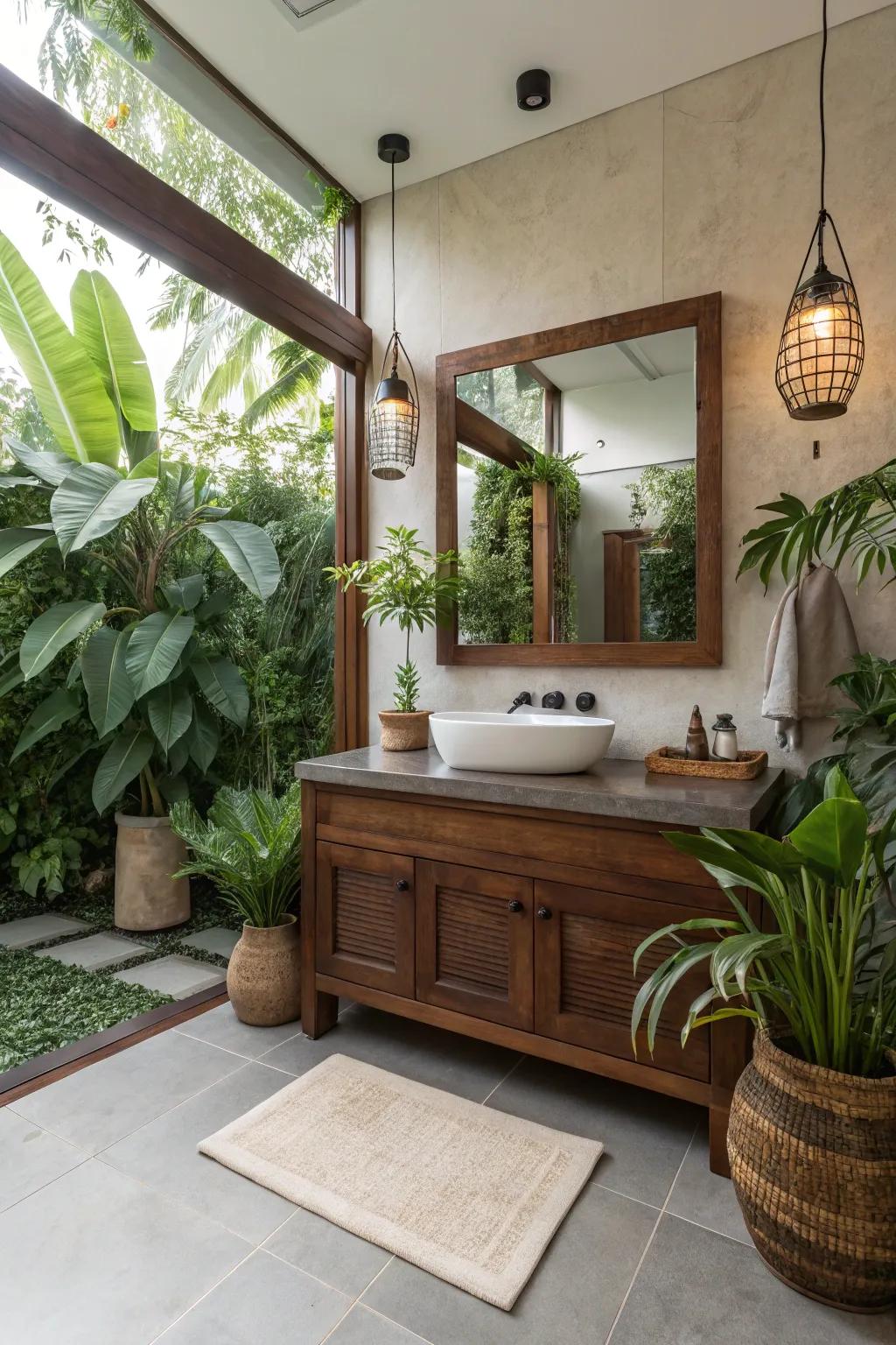 Infuse vibrancy into your bathroom using greenery and simple decorations.