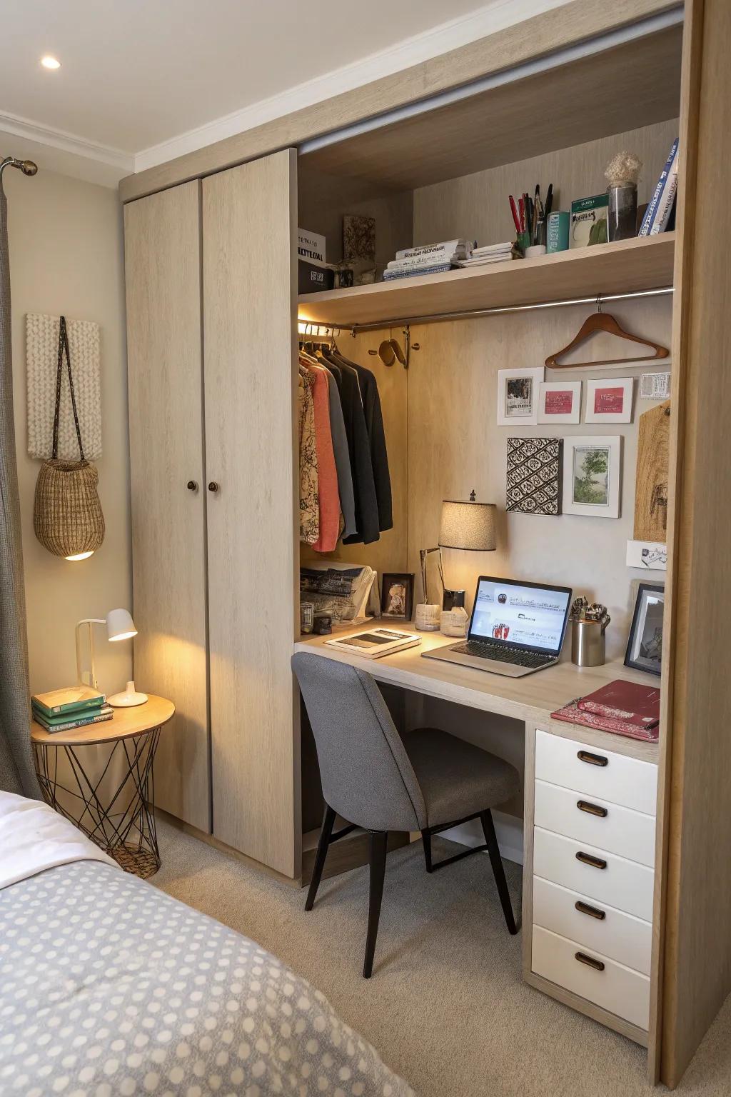 A wardrobe cleverly integrated with a workspace.