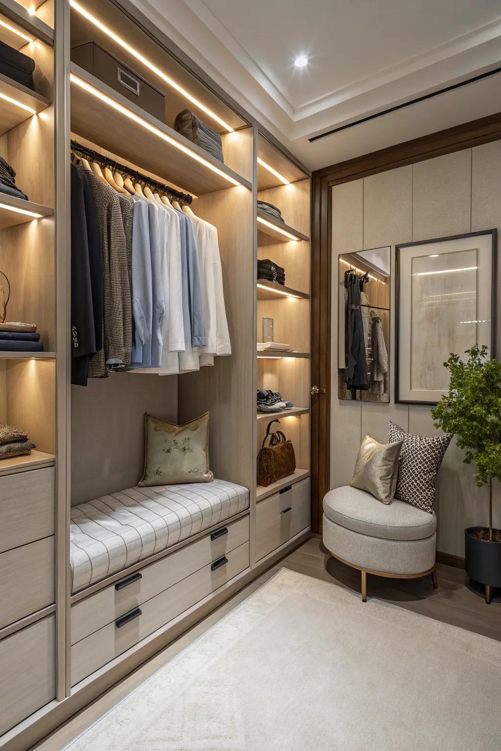 A sitting area introduces practicality and comfort to wardrobe spaces.
