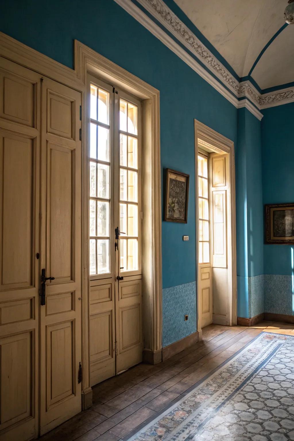 Craft striking contrast with light-hued entryways and windows against warm blue walls.
