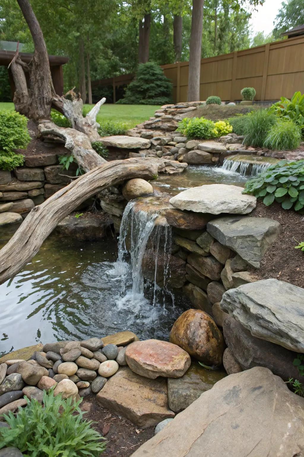 A rustic garden waterfall showcasing a blend of timber and stones, radiating a natural allure.