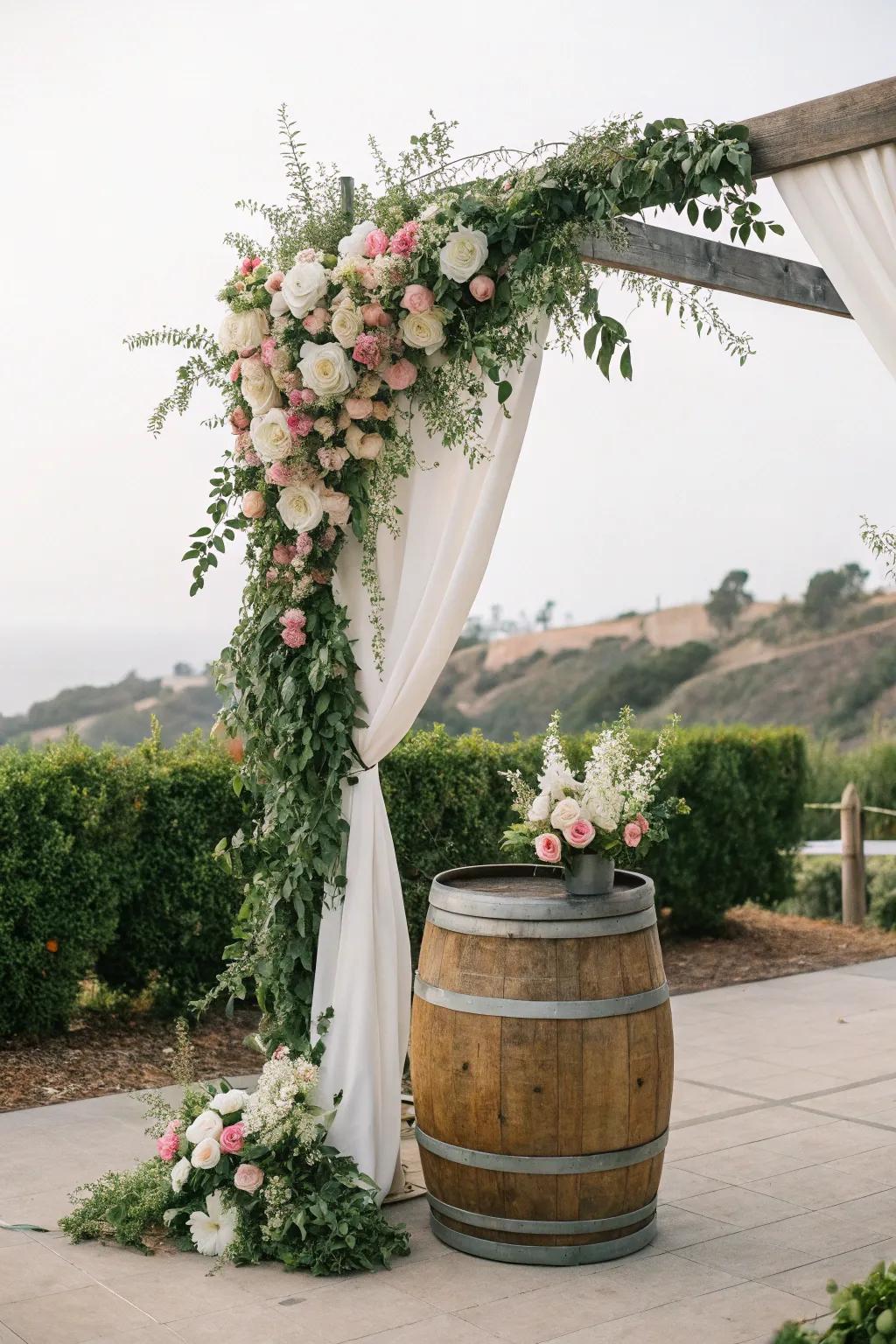 A country arch with wine barrel bases, ideal for vineyard weddings.