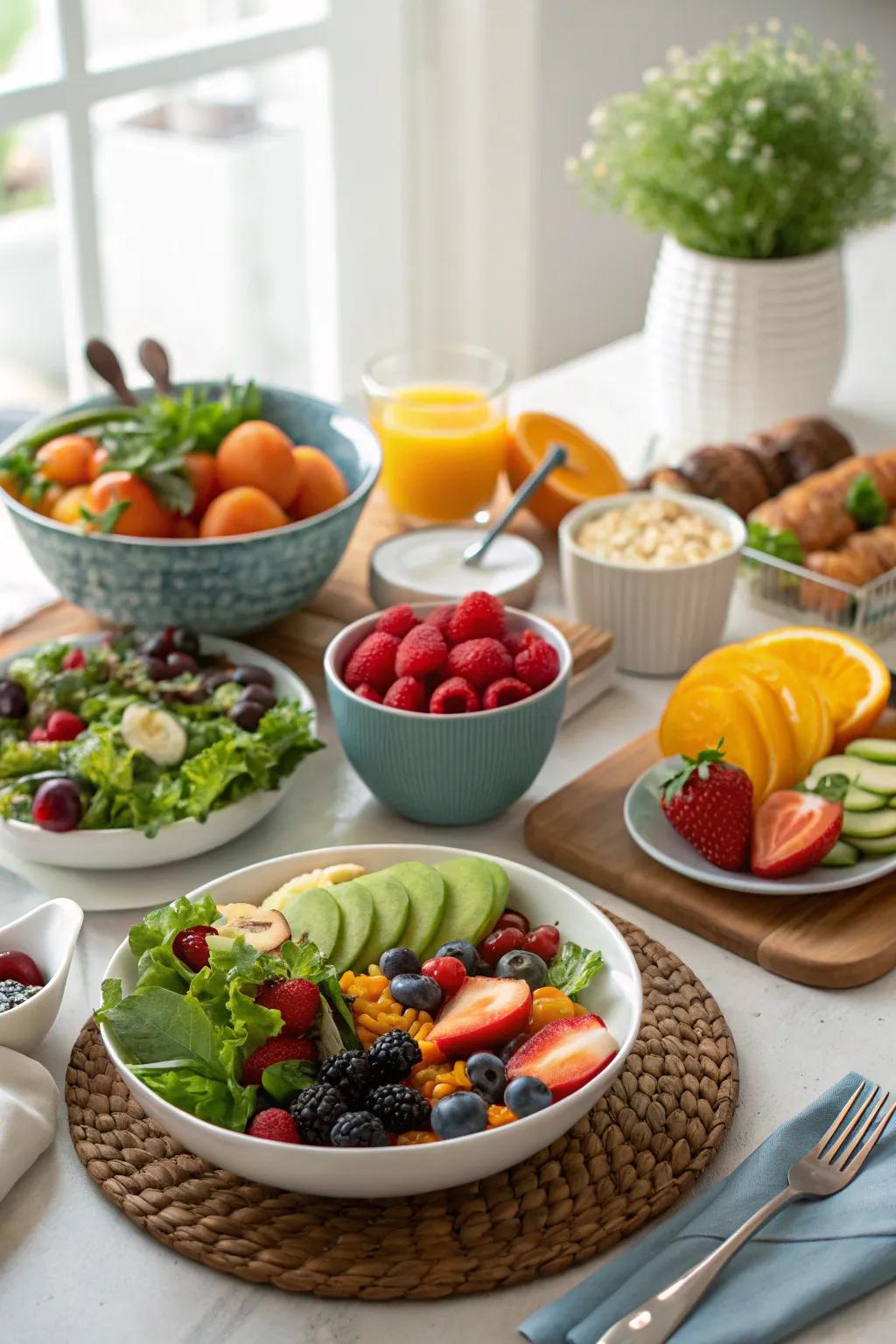 A healthy and vibrant breakfast spread with fresh berries and veggies.