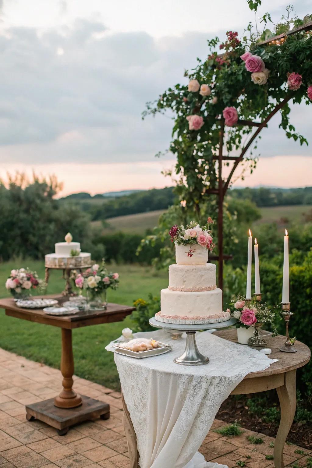 A wedding cake arrangement positioned against a lush garden back scene.