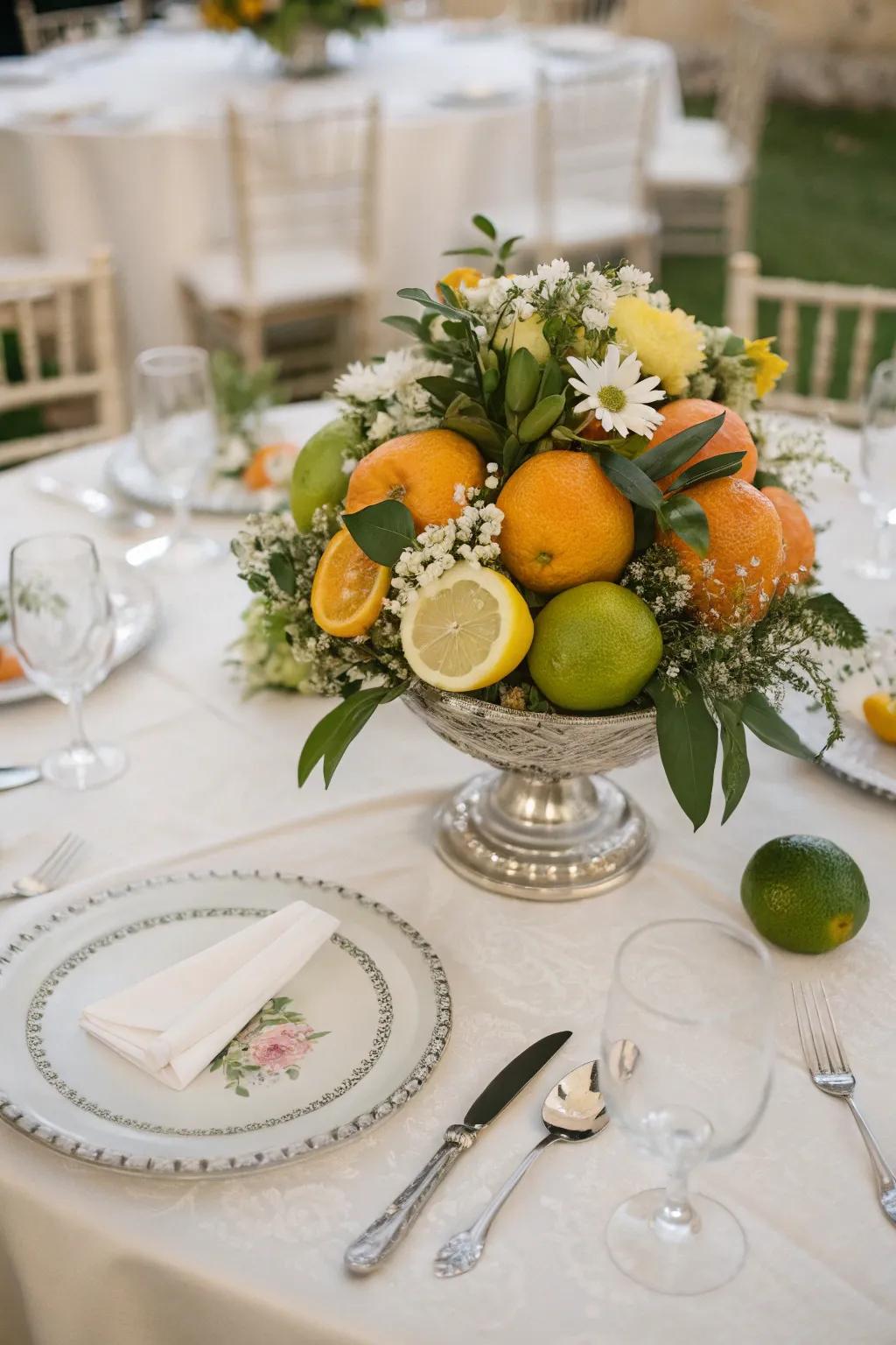 Citrus fruits introduce a vibrant nuance to this wedding centerpiece.