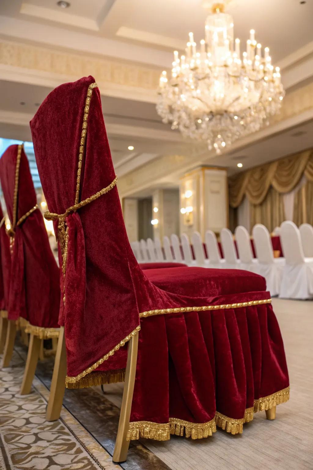 Velvet covers imbue your wedding décor with opulence.