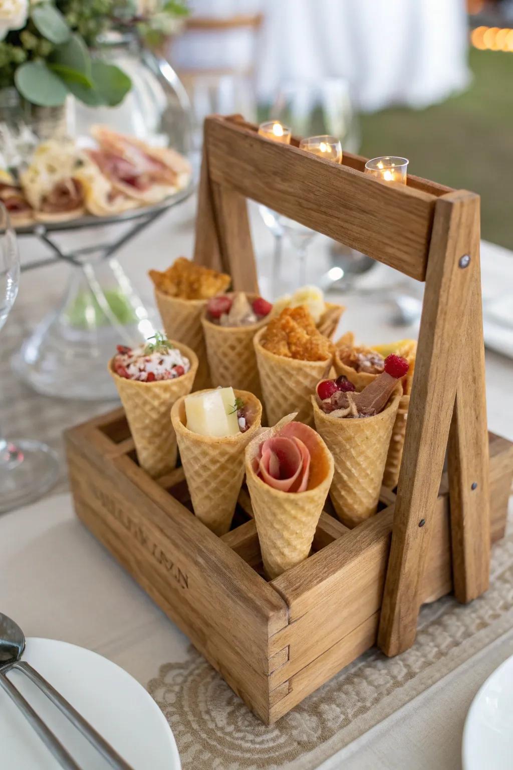 Mini charcuterie cones present a spirited and practical choice.