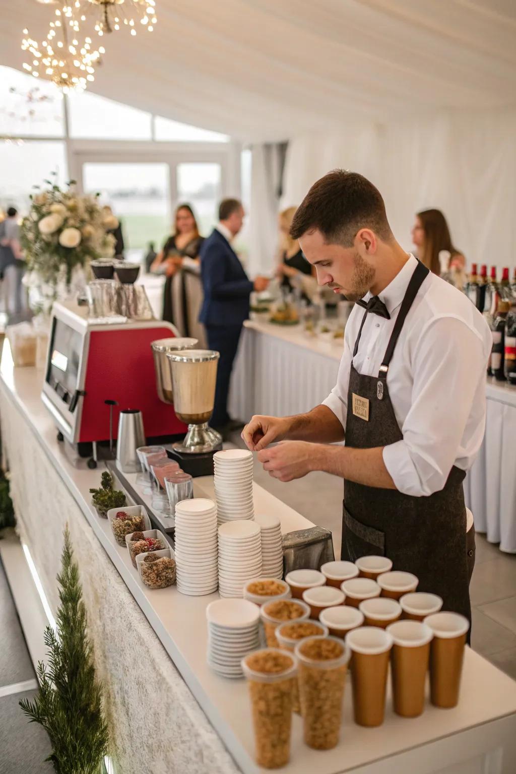 An interactive barista fun at a wedding coffee bar.
