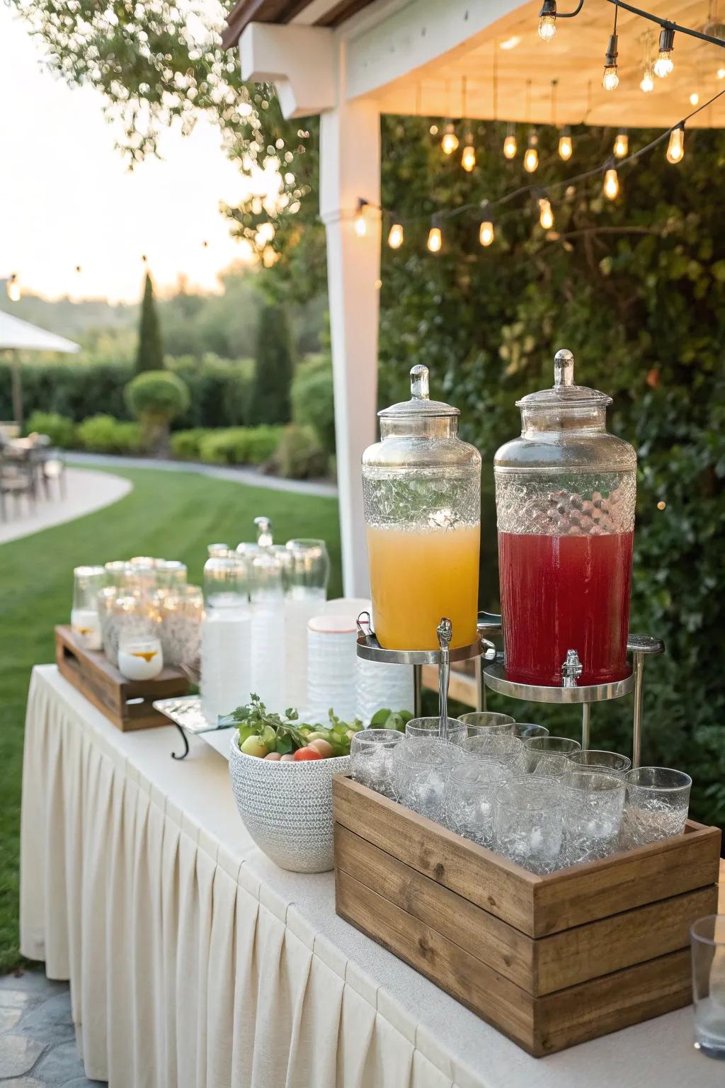 A creative wedding refreshment station featuring glass urns with assorted invigorating drinks.