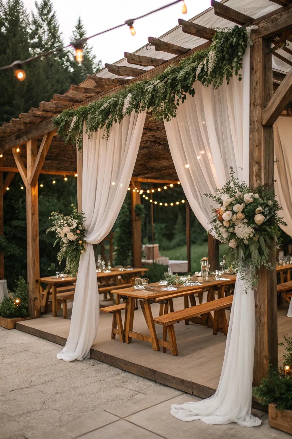 Craft country beauty by pairing drapery with organic timber components.