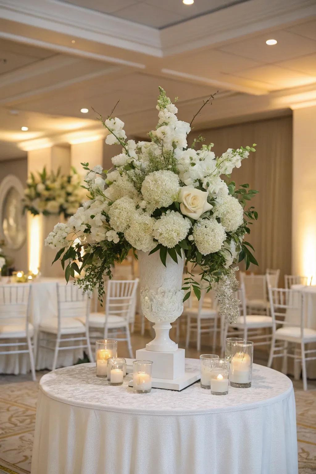 An elegant all-white floral arrangement, adding a timeless and sophisticated touch to the wedding decor.