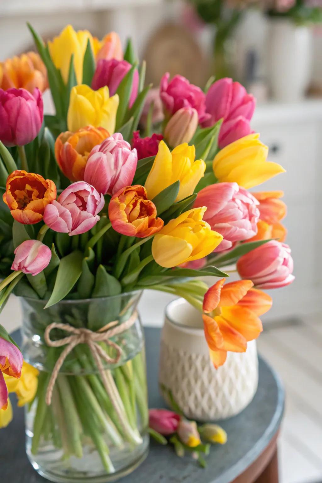 A fresh tulip bouquet in vibrant spring colors.