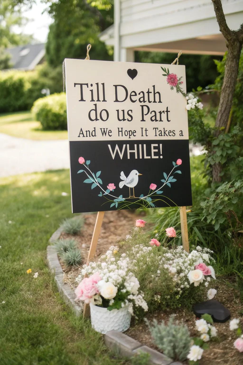 A humorous sign adds a personal touch to the wedding celebration.
