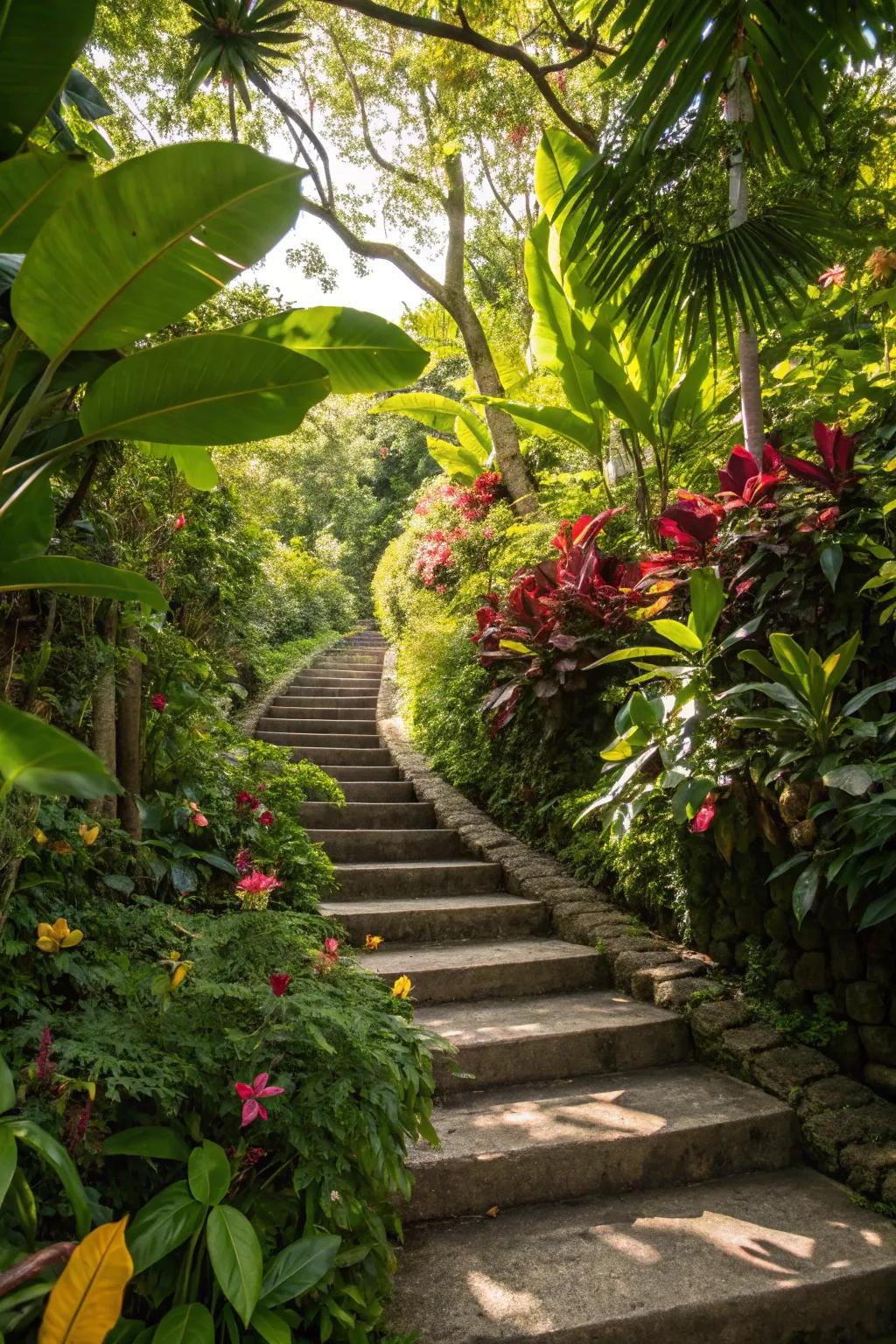 Equatorial foliage forms an exotic, lush atmosphere on this staircase.