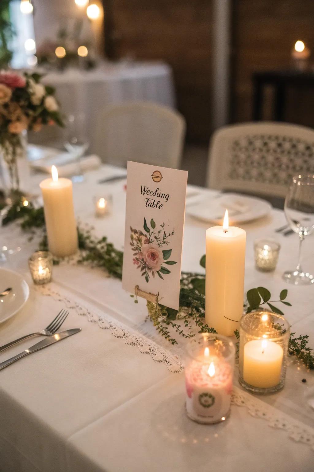 Wax lights near table markers craft a romantic and intimate ambiance.