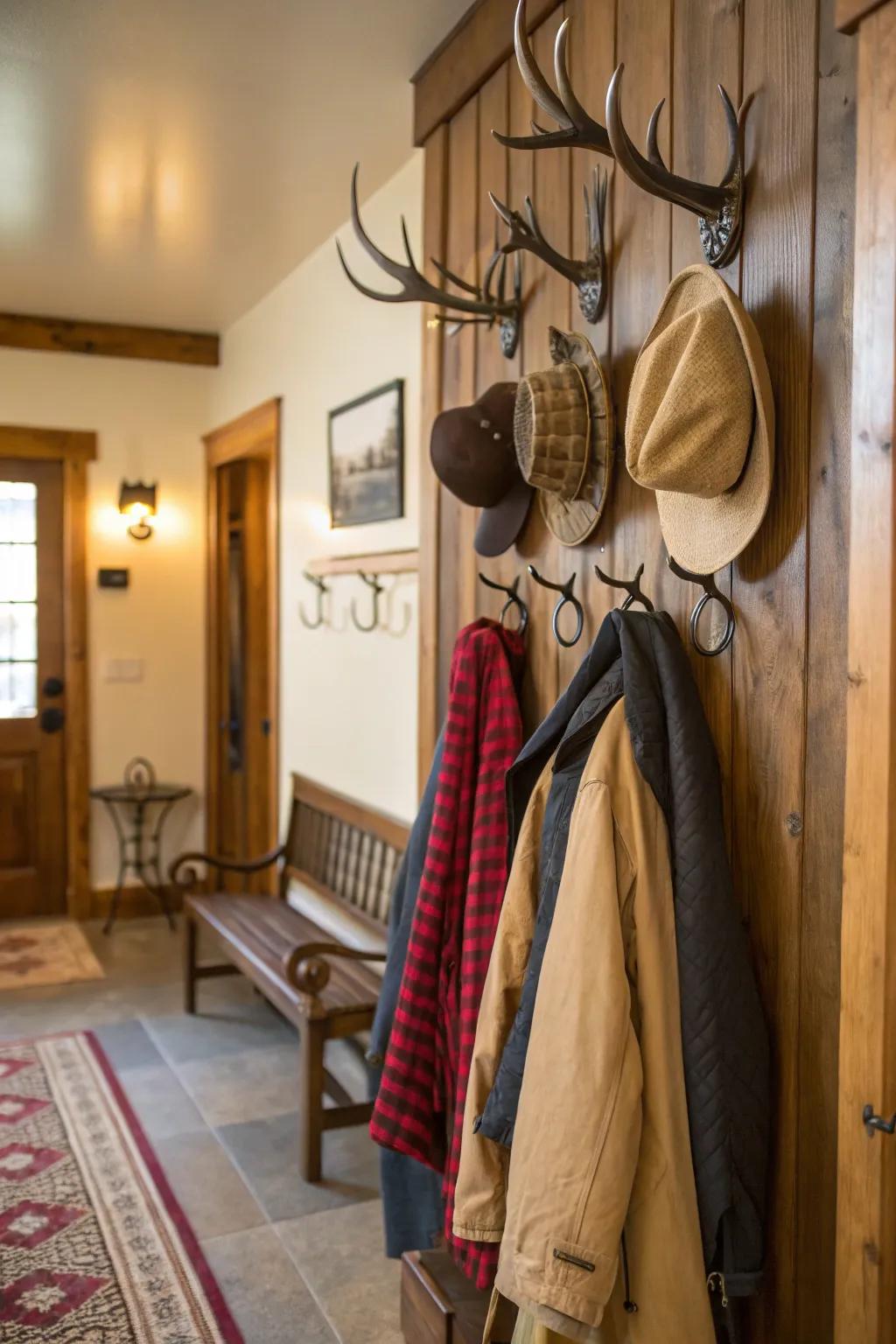 Antler wall hooks adding charm and functionality.