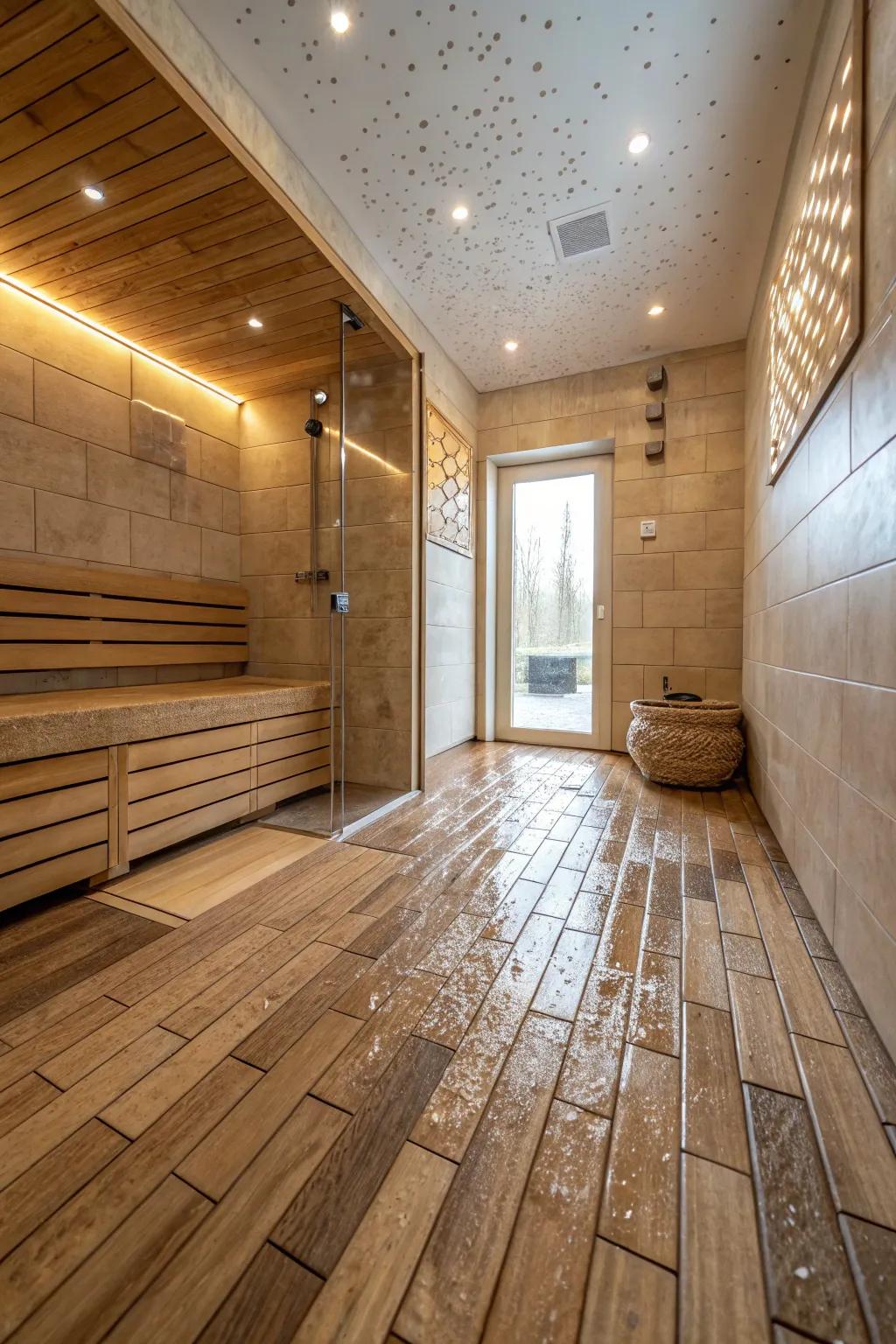Timber-look slabs grant comfort and elegance in wet rooms.