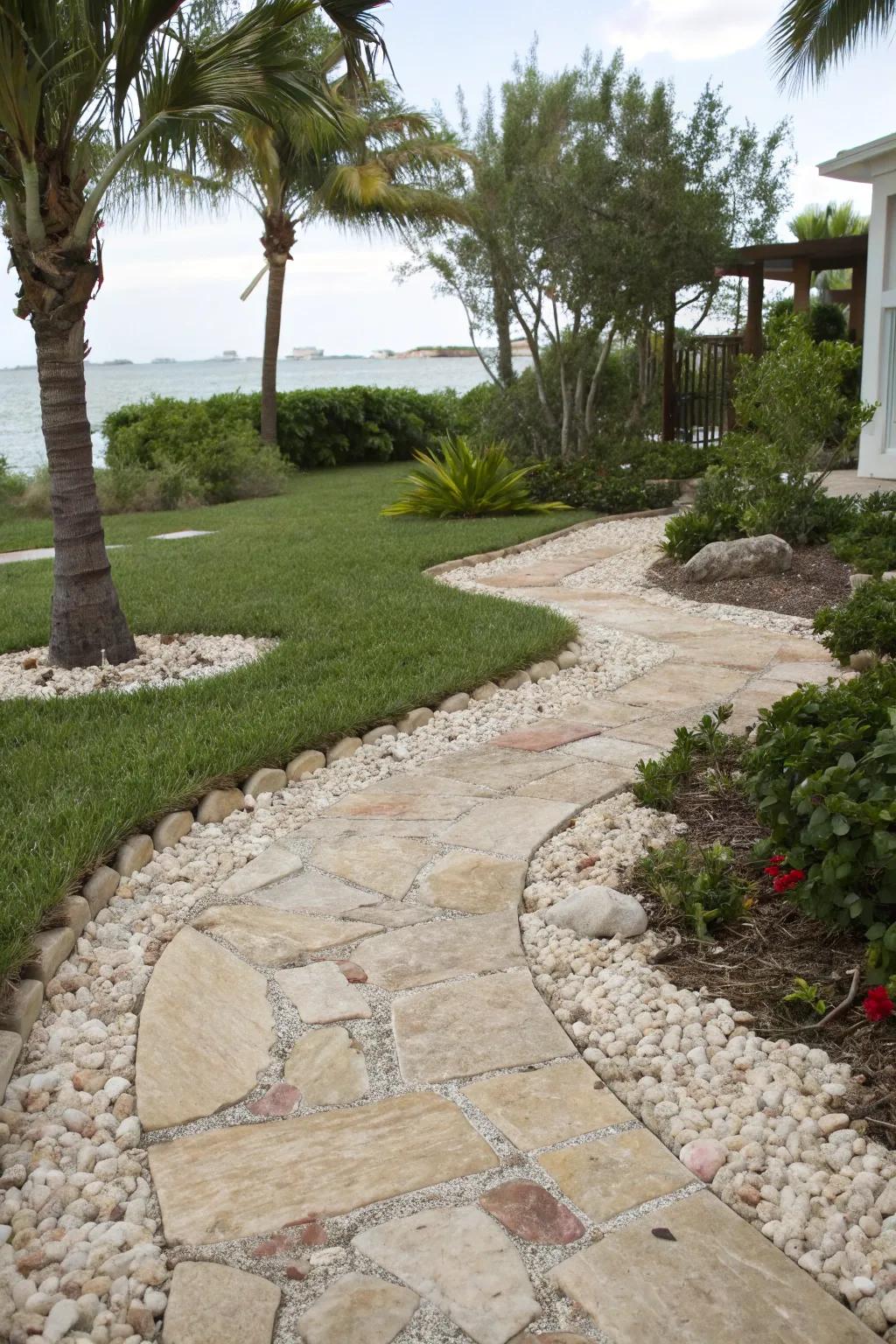 Crushed shells infuse a singular coastal charm into flagstone paths.