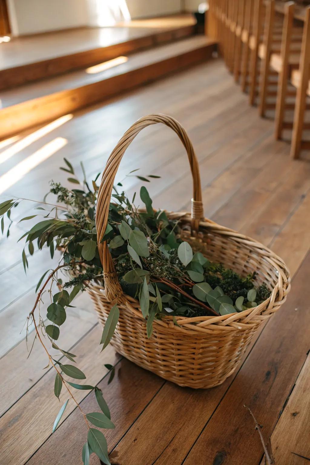 A basket showcasing twigs and leaflets imparts countryside charm to any given space.