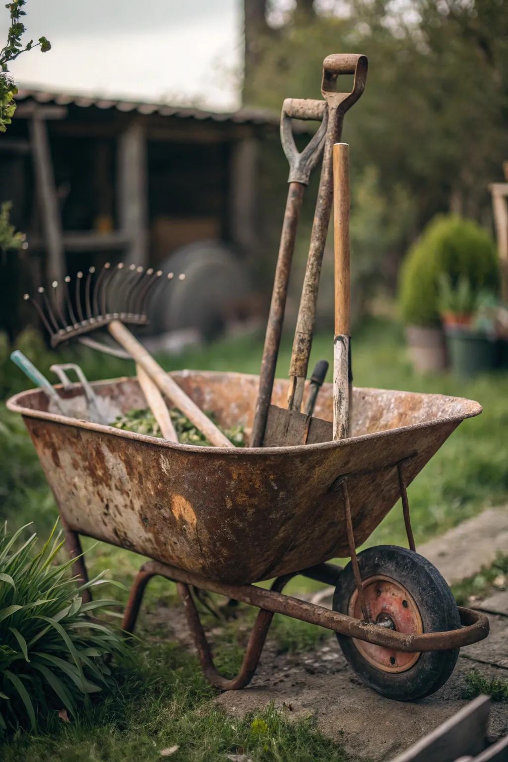 Adding rustic charm through a tool-themed wheelbarrow exhibit.